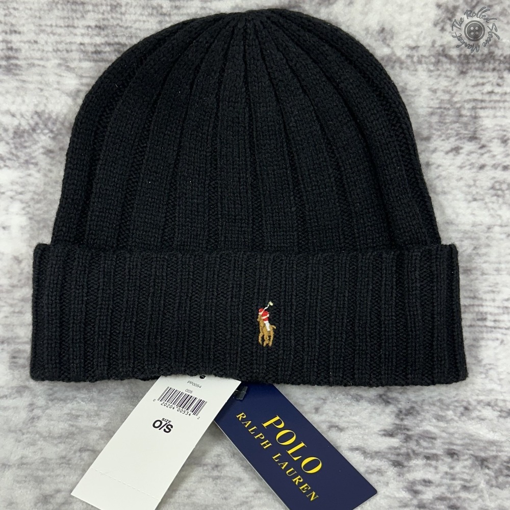 NWT - Polo Ralph Lauren Adult Cuffed Beanie Winter Hat Black‎ Tan One Size - Picture 2 of 5